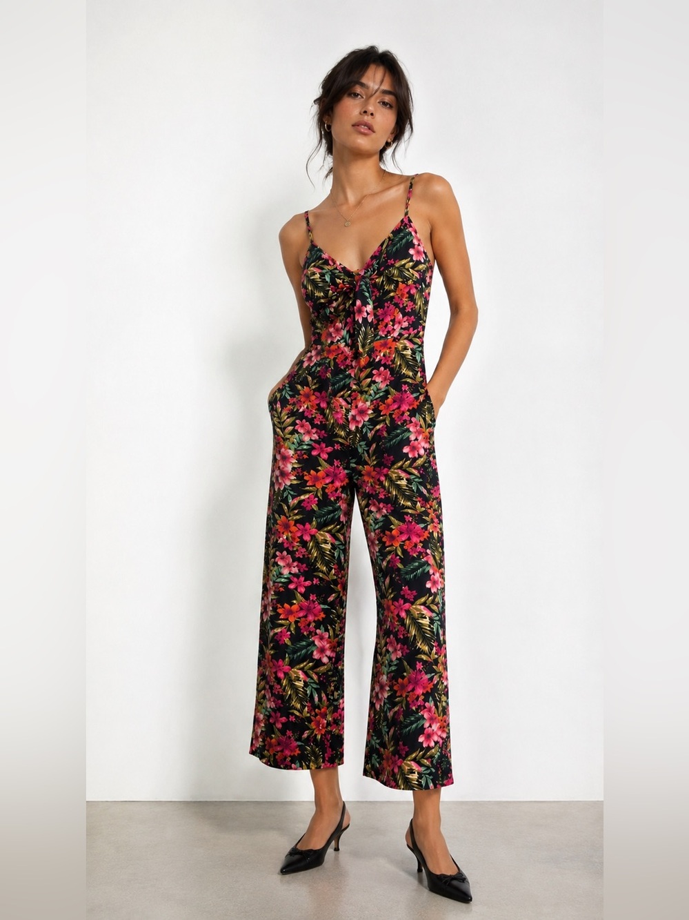 DEX | M | Floral Wide-Leg Jumpsuit in Black with Pink Floral Print - Picture 1 of 5